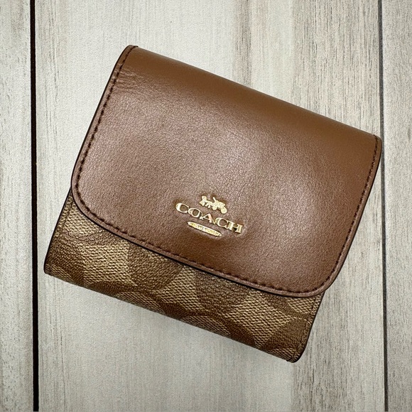 Coach Khaki Saddle Signature Small Envelope Tri-fold Wallet OS Brown Tan - Picture 2 of 7